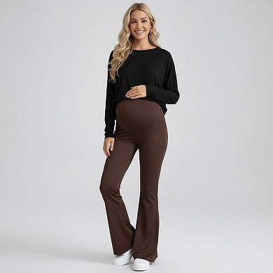 Women's High Waist Maternity Flare Pants with Over Belly Panel Stretch Fitted Bootcut Lounge Pants