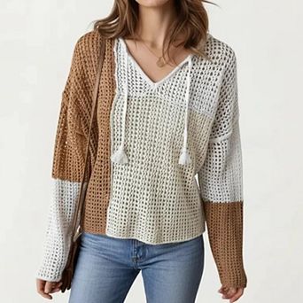 Women's Long Sleeve Knit Hoodie Top with Color Block Design V Neck Drawstring Hood