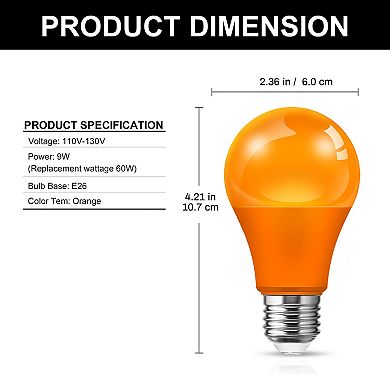 Decorative Orange LED Light Bulb 60W Equivalent, A19 E26 Base Non Dimmable for Party Holiday, 4 Pack