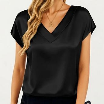 Women's Short Sleeve Satin Blouse with V Neck Smooth Silky Fabric Draped Lightweight Elegant Top