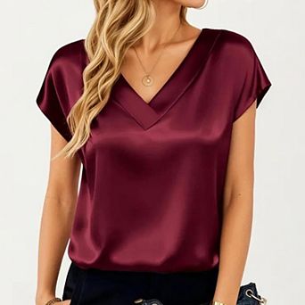 Women's Short Sleeve Satin Blouse with V Neck Smooth Silky Fabric Draped Lightweight Elegant Top