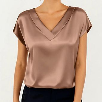 Women's Short Sleeve Satin Blouse with V Neck Smooth Silky Fabric Draped Lightweight Elegant Top