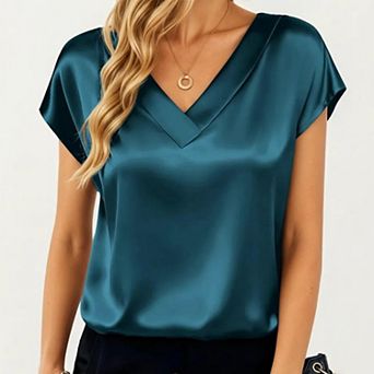 Women's Short Sleeve Satin Blouse with V Neck Smooth Silky Fabric Draped Lightweight Elegant Top