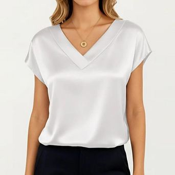 Women's Short Sleeve Satin Blouse with V Neck Smooth Silky Fabric Draped Lightweight Elegant Top