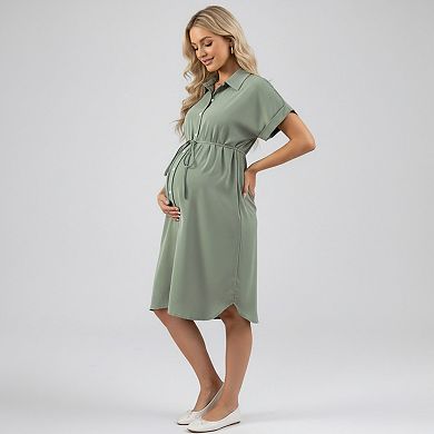 Women's Maternity Button Down Shirt Dress with Adjustable Tie Waist Collared Midi Dress