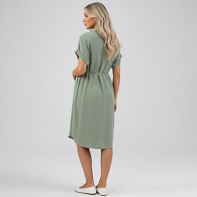 Women's Maternity Button Down Shirt Dress with Adjustable Tie Waist Collared Midi Dress