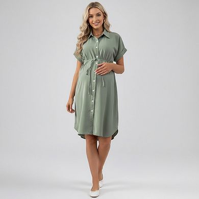 Women's Maternity Button Down Shirt Dress with Adjustable Tie Waist Collared Midi Dress