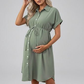 Women's Maternity Button Down Shirt Dress with Adjustable Tie Waist Collared Midi Dress
