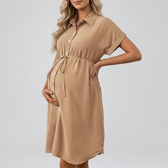 Women's Maternity Button Down Shirt Dress with Adjustable Tie Waist Collared Midi Dress