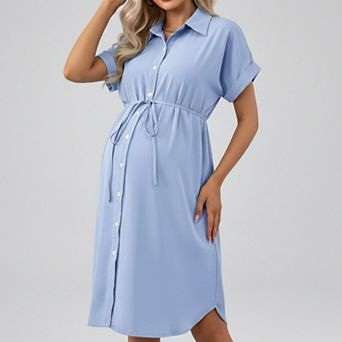 Women's Maternity Button Down Shirt Dress with Adjustable Tie Waist Collared Midi Dress