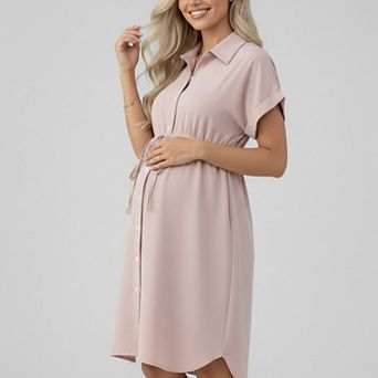 Women's Maternity Button Down Shirt Dress with Adjustable Tie Waist Collared Midi Dress