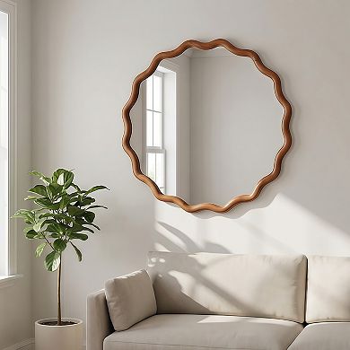 TOEMOA Wavy Round Solid Wood Frame Decorative Mirror for Wall Decor