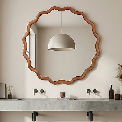TOEMOA Wavy Round Solid Wood Frame Decorative Mirror for Wall Decor