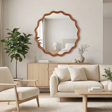 TOEMOA Wavy Round Solid Wood Frame Decorative Mirror for Wall Decor