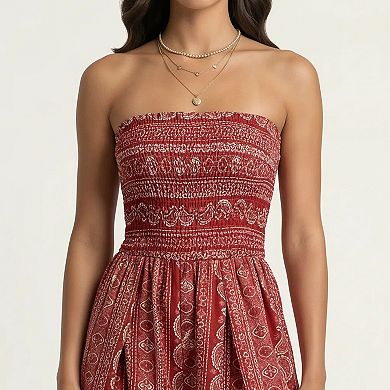 Women's Strapless Wide Leg Jumpsuit with Smocked Bodice Printed Fabric Side Slit Flowy Fit