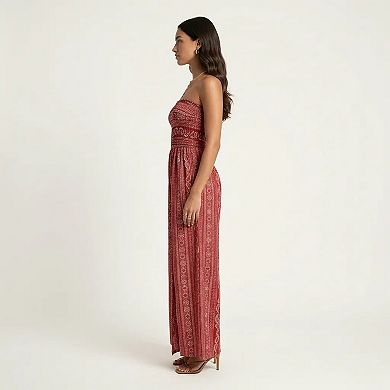 Women's Strapless Wide Leg Jumpsuit with Smocked Bodice Printed Fabric Side Slit Flowy Fit