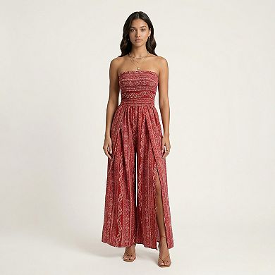 Women's Strapless Wide Leg Jumpsuit with Smocked Bodice Printed Fabric Side Slit Flowy Fit