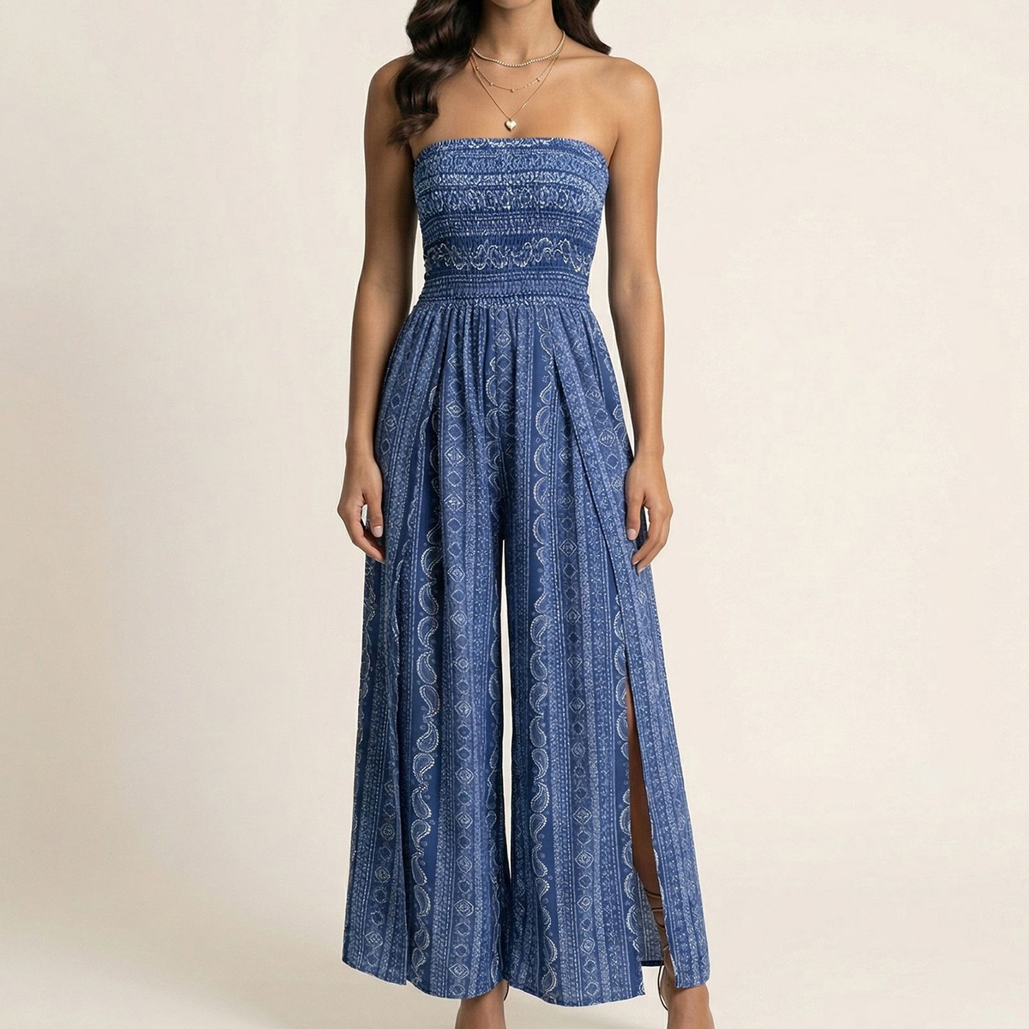 Женские комбинезоны Strapless Wide Leg Jumpsuit with Smocked Bodice Printed Fabric Side Slit Flowy Fit