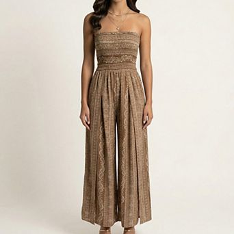 Women's Strapless Wide Leg Jumpsuit with Smocked Bodice Printed Fabric Side Slit Flowy Fit