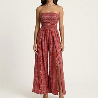 Women's Strapless Wide Leg Jumpsuit with Smocked Bodice Printed Fabric Side Slit Flowy Fit
