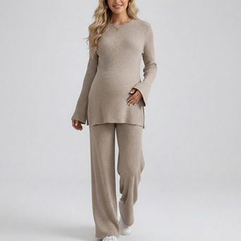 Women's Maternity 2 pc Lounge Set Ribbed Knit Long Sleeve Top Wide Leg Pants Matching Set