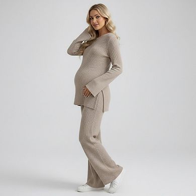 Women's Maternity 2 Piece Lounge Set Ribbed Knit Long Sleeve Top Wide Leg Pants Matching Set
