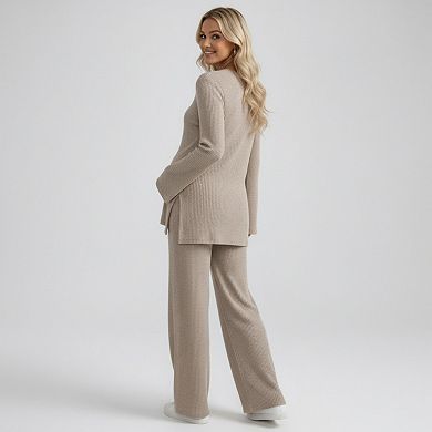 Women's Maternity 2 Piece Lounge Set Ribbed Knit Long Sleeve Top Wide Leg Pants Matching Set
