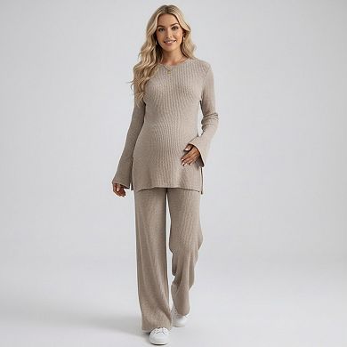 Women's Maternity 2 Piece Lounge Set Ribbed Knit Long Sleeve Top Wide Leg Pants Matching Set