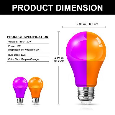 Orange & Purple Decorative LED Bulbs 60W Equivalent, A19 E26 Base Non Dimmable Multicolor, 2 Pack