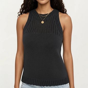 Women's Sleeveless Knit Tank Top with High Neck Ribbed Texture Open Knit Detail Lightweight Fabric