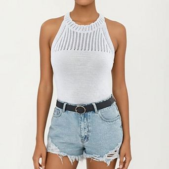 Women's Sleeveless Knit Tank Top with High Neck Ribbed Texture Open Knit Detail Lightweight Fabric
