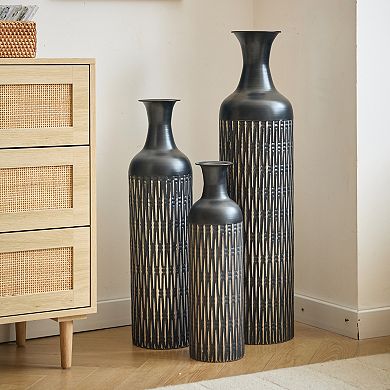 TOEMOA Modern Textured Metal Floor Vase Set of Three for Contemporary Home Decor