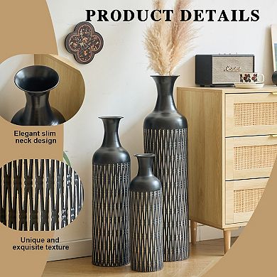 TOEMOA Modern Textured Metal Floor Vase Set of Three for Contemporary Home Decor