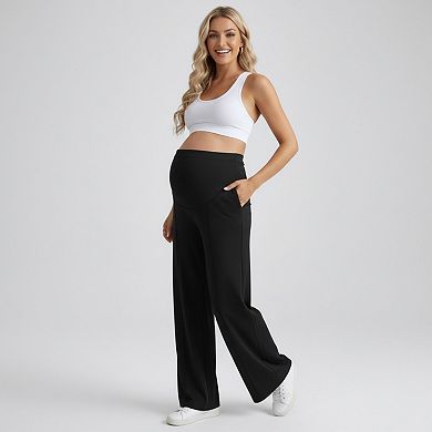 Women's High Waist Maternity Wide Leg Pants with Over Belly Panel Front Seam Stretch Lounge Pants