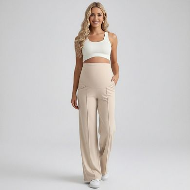 Women's High Waist Maternity Wide Leg Pants with Over Belly Panel Front Seam Stretch Lounge Pants