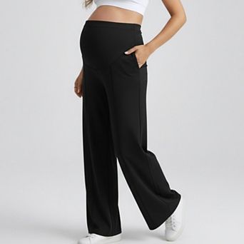 Women's High Waist Maternity Wide Leg Pants with Over Belly Panel Front Seam Stretch Lounge Pants