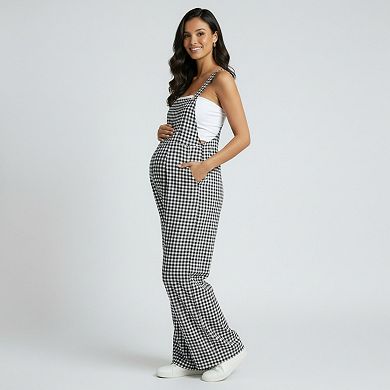 Women's Maternity Gingham Wide Leg Jumpsuit with Adjustable Straps Square Neck Loose Fit Overalls