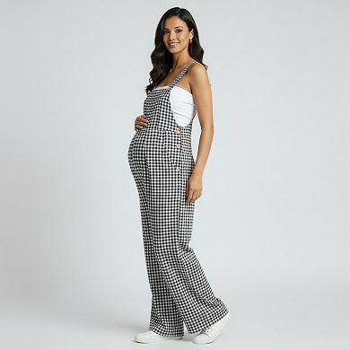 Women's Maternity Gingham Wide Leg Jumpsuit with Adjustable Straps Square Neck Loose Fit Overalls
