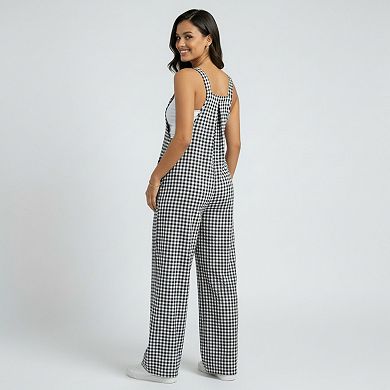 Women's Maternity Gingham Wide Leg Jumpsuit with Adjustable Straps Square Neck Loose Fit Overalls