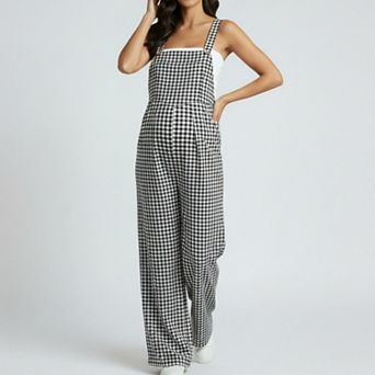 Women's Maternity Gingham Wide Leg Jumpsuit with Adjustable Straps Square Neck Loose Fit Overalls