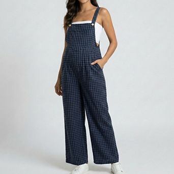Women's Maternity Gingham Wide Leg Jumpsuit with Adjustable Straps Square Neck Loose Fit Overalls