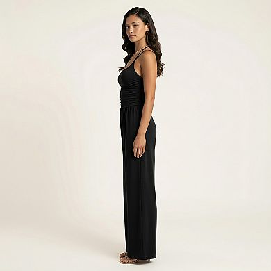Women's Sleeveless Wide Leg Jumpsuit with Scoop Neck Ruched Bodice Soft Stretch Fabric