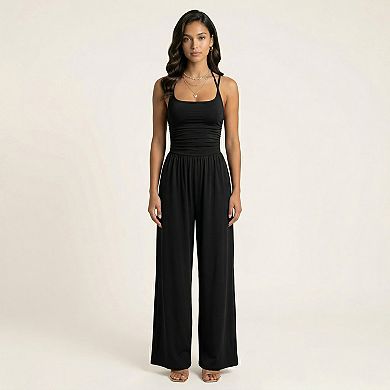 Women's Sleeveless Wide Leg Jumpsuit with Scoop Neck Ruched Bodice Soft Stretch Fabric