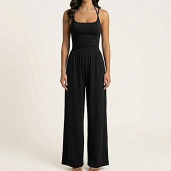 Women's Sleeveless Wide Leg Jumpsuit with Scoop Neck Ruched Bodice Soft Stretch Fabric