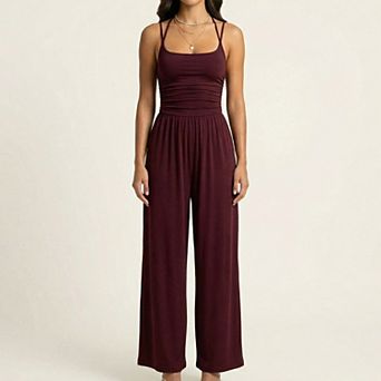 Women's Sleeveless Wide Leg Jumpsuit with Scoop Neck Ruched Bodice Soft Stretch Fabric