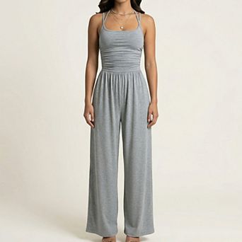 Women's Sleeveless Wide Leg Jumpsuit with Scoop Neck Ruched Bodice Soft Stretch Fabric
