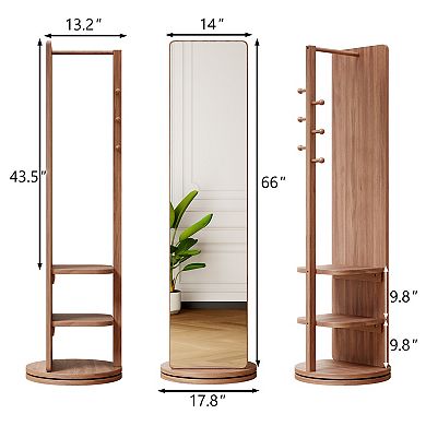 TOEMOA 360 Degree Rotating Full Length Mirror with Storage Coat Hook Rack