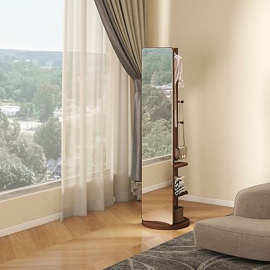 TOEMOA 360 Degree Rotating Full Length Mirror with Storage Coat Hook Rack