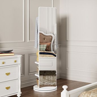 TOEMOA 360 Degree Rotating Full Length Mirror with Storage Coat Hook Rack