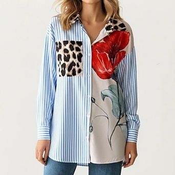 Women's Long Sleeve Button Down Shirt with Mixed Print Design Stripe Panel Relaxed Fit